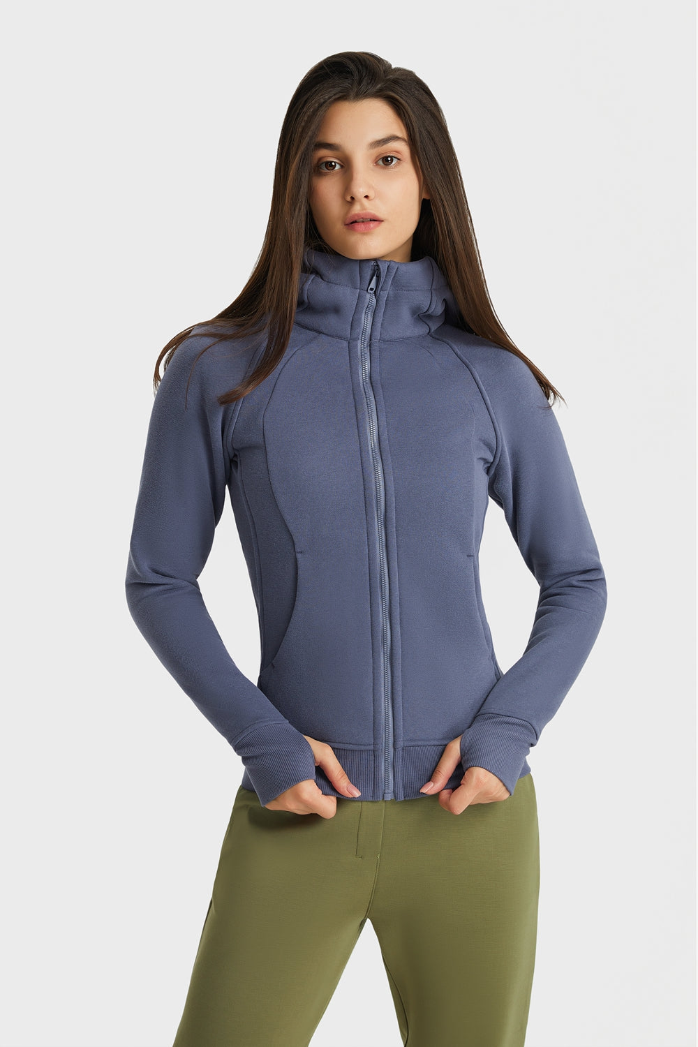 Navy zip-up hooded sports jacket with long sleeves and front zipper