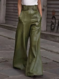 Moss green wide-leg pants with half elastic waist and front belt buckle