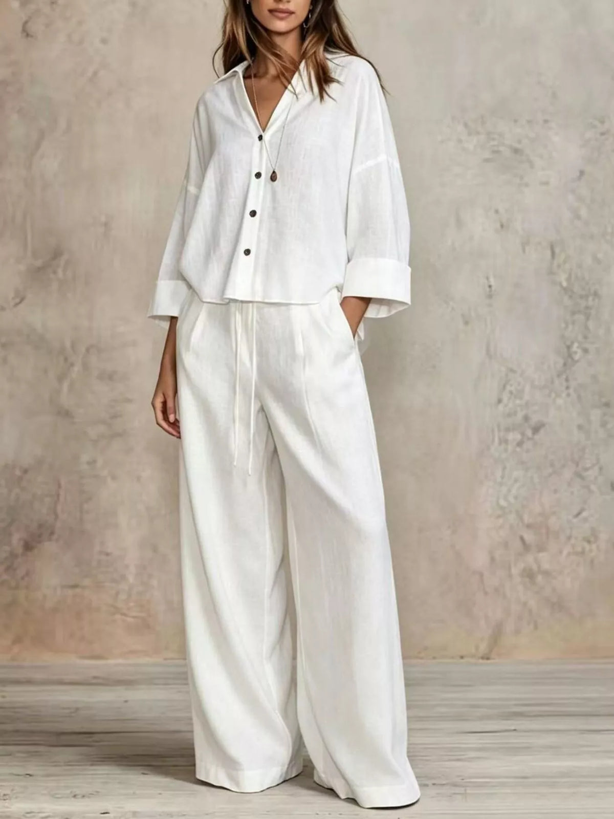 White wide leg button-down shirt and pants set, front button placket with wide legs