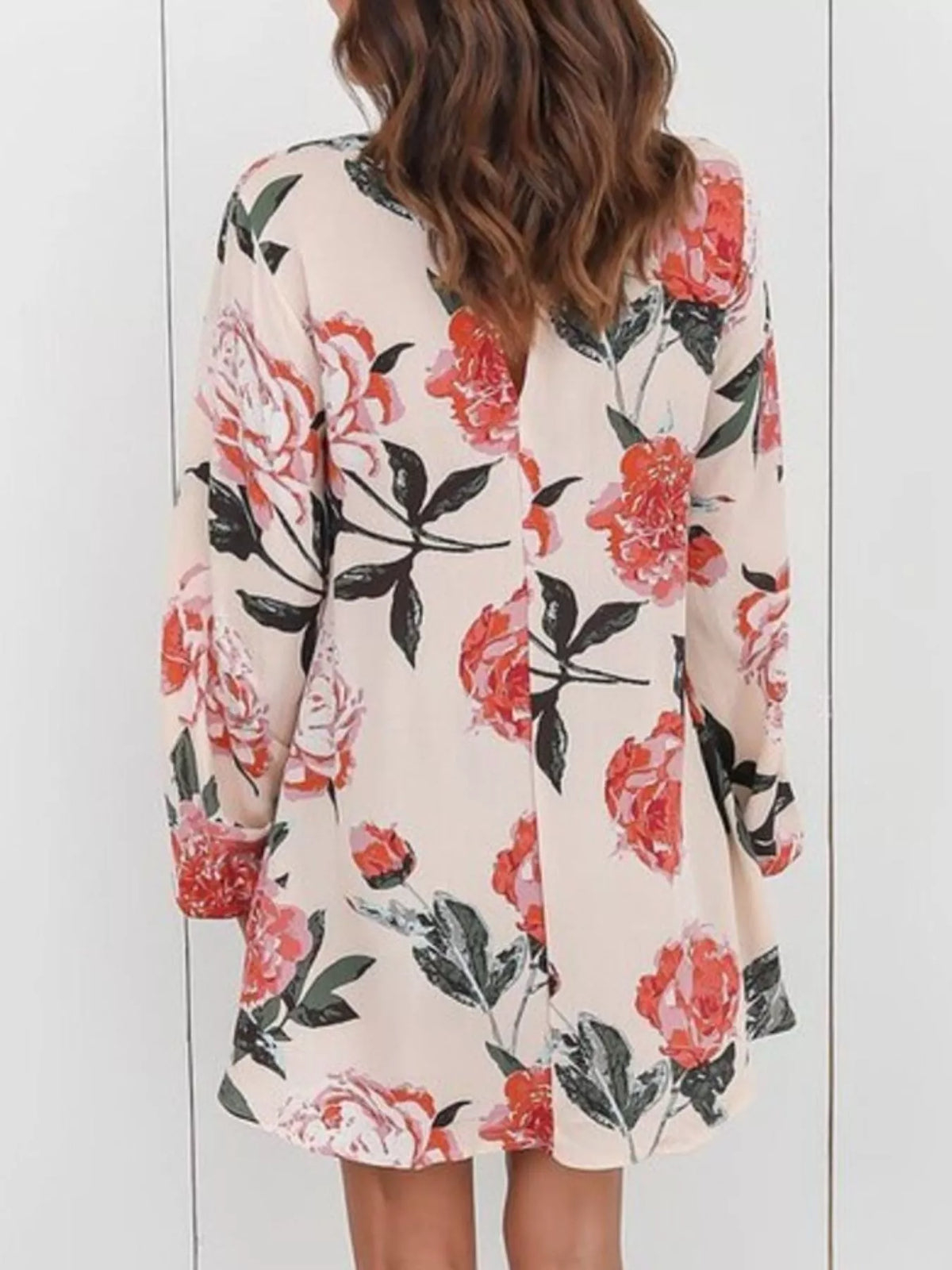 Eggshell floral choker-neck long-sleeve blouse, back view
