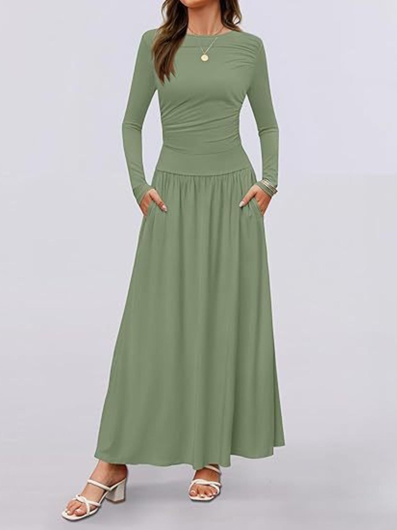 Long sleeve maxi dress in green, ruched waist and gathered skirt