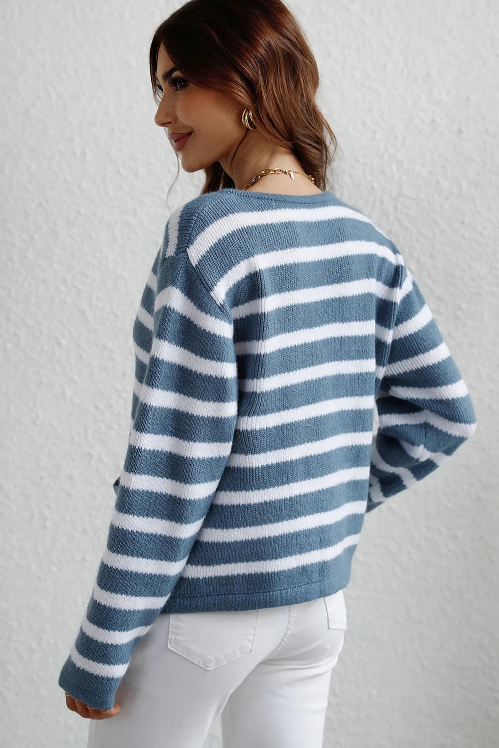 Dusty blue striped cardigan, back view with long sleeves