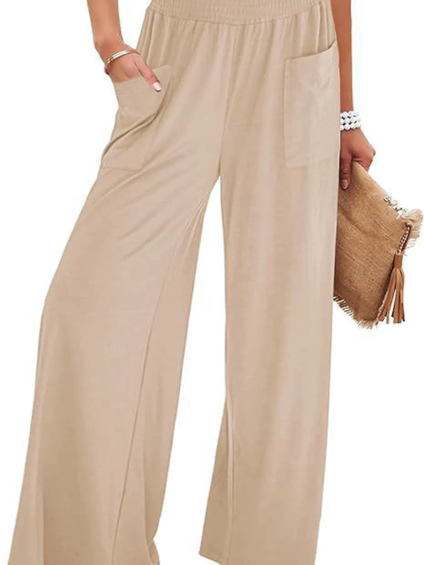 Apricot high-waisted wide-leg pants with elastic waist and side pockets