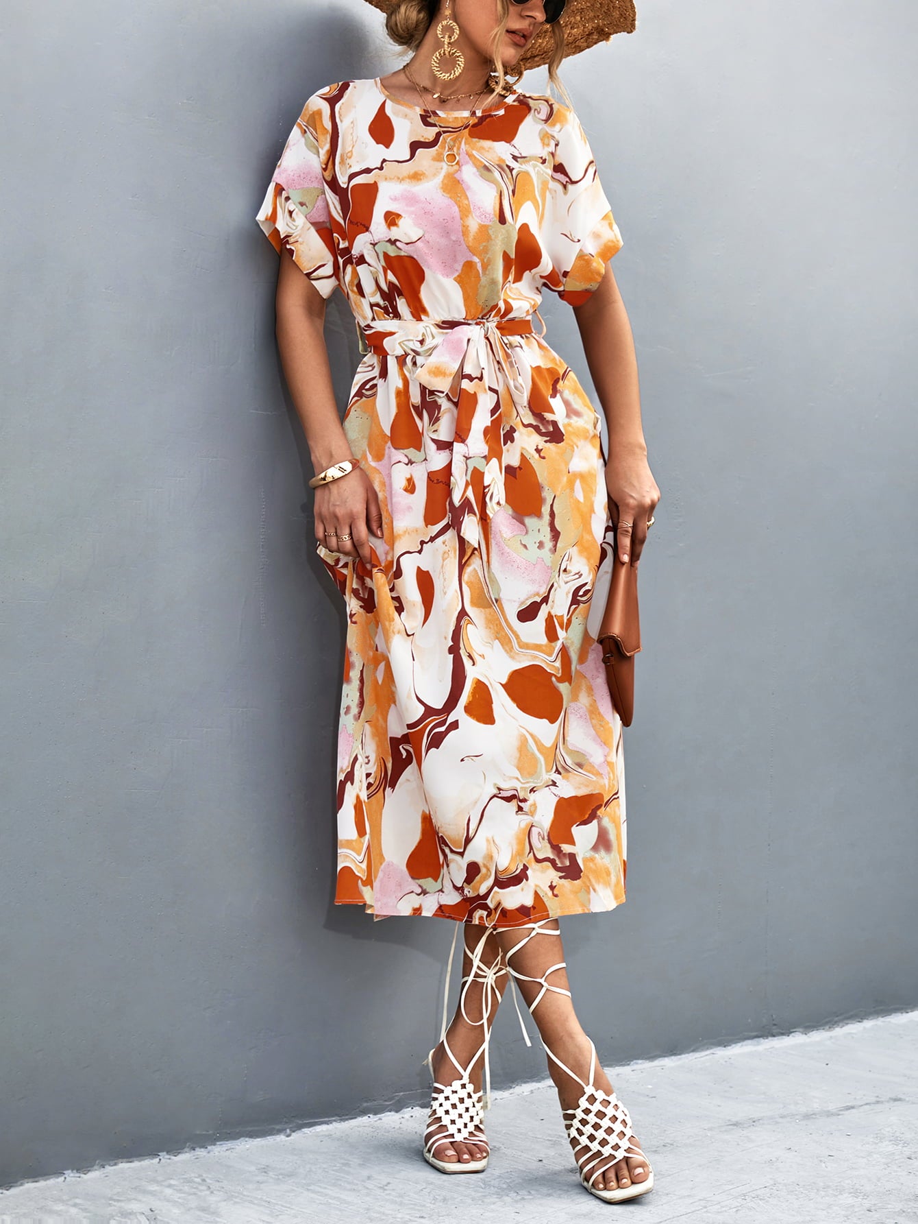 Orange-red abstract midi tie-waist dress with round neck and short sleeves