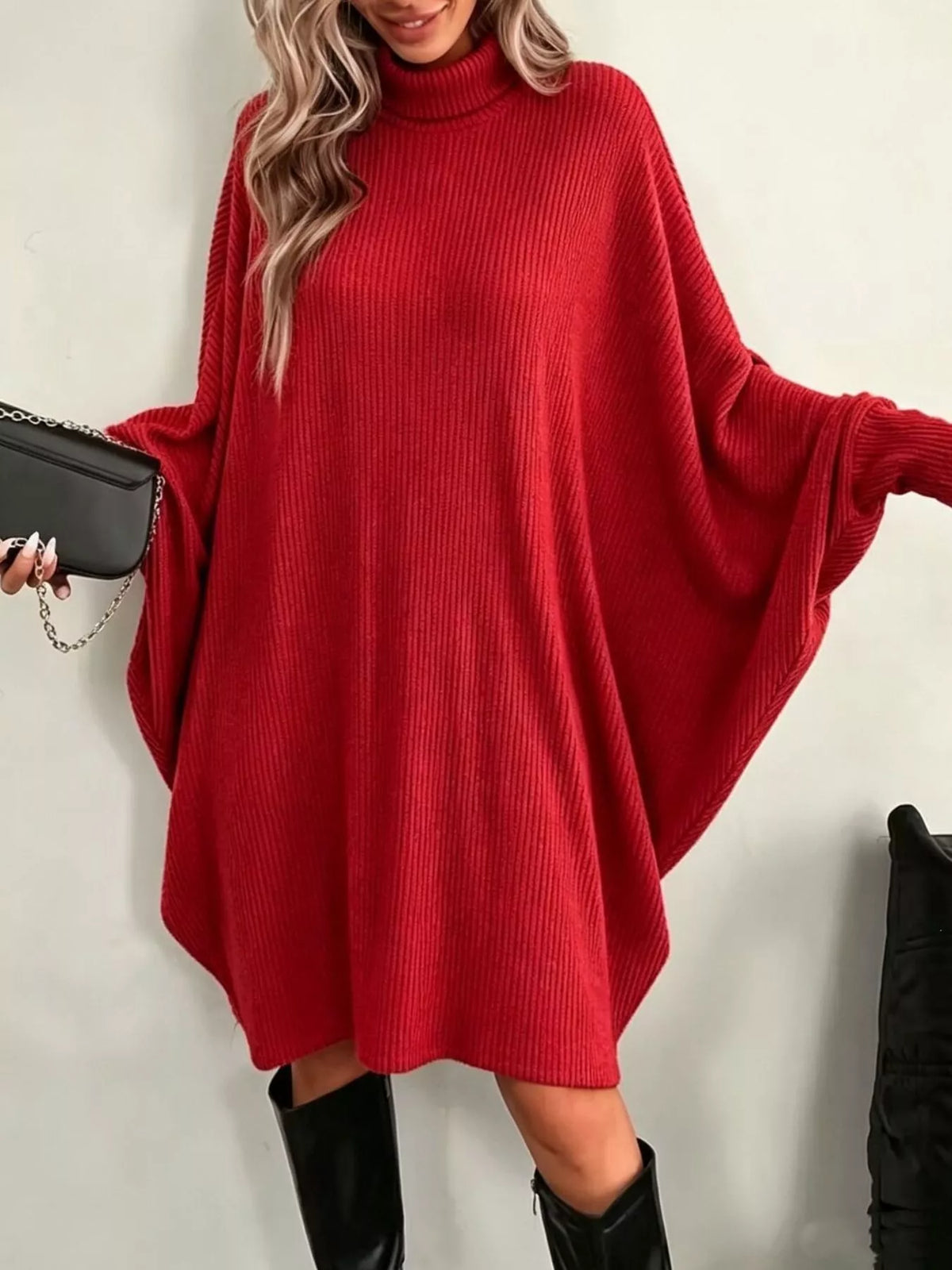 Red oversized ribbed knit turtleneck sweater dress with long loose sleeves