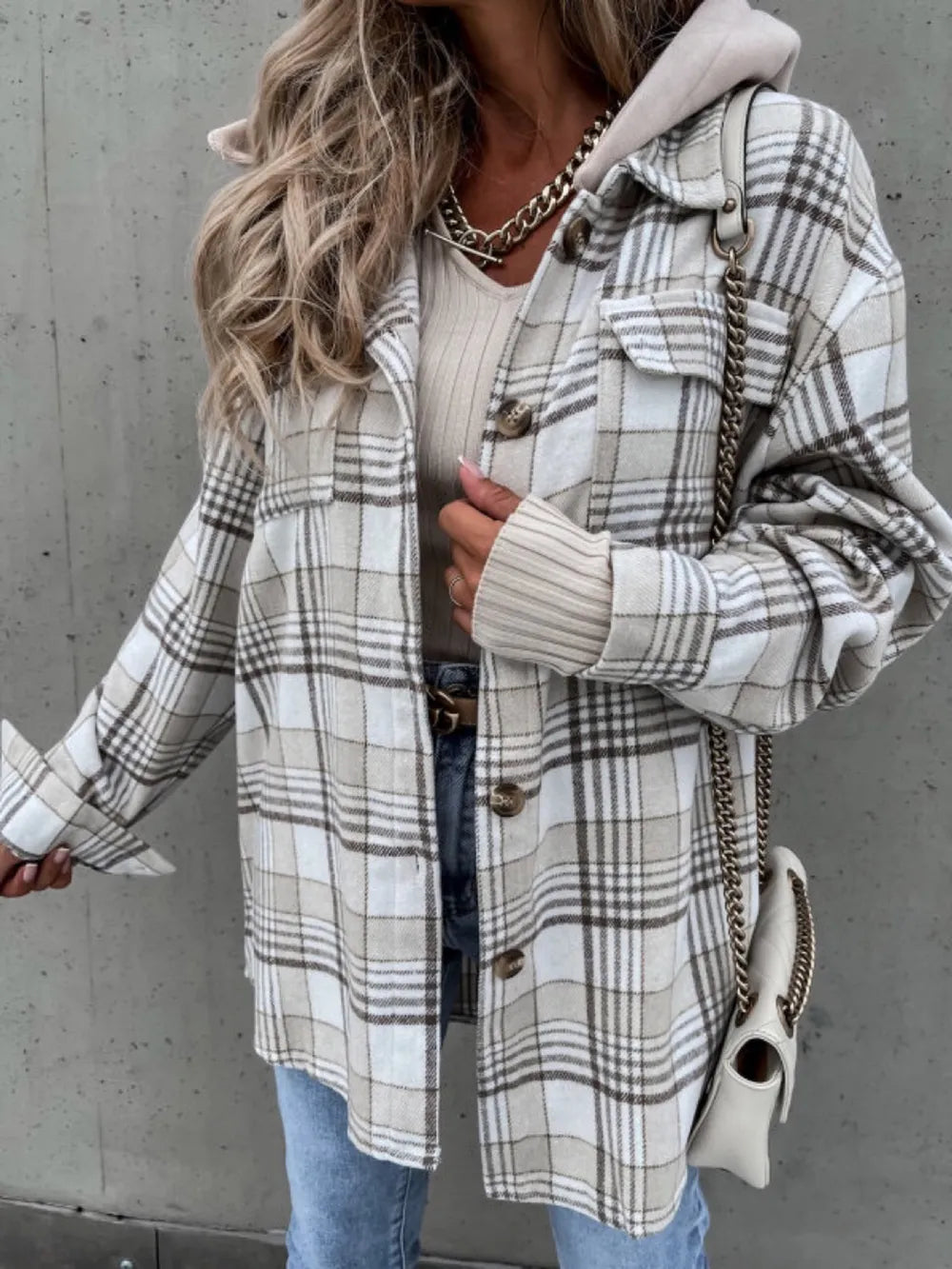 Light gray plaid button-up jacket with removable hood and flap pockets, long sleeves