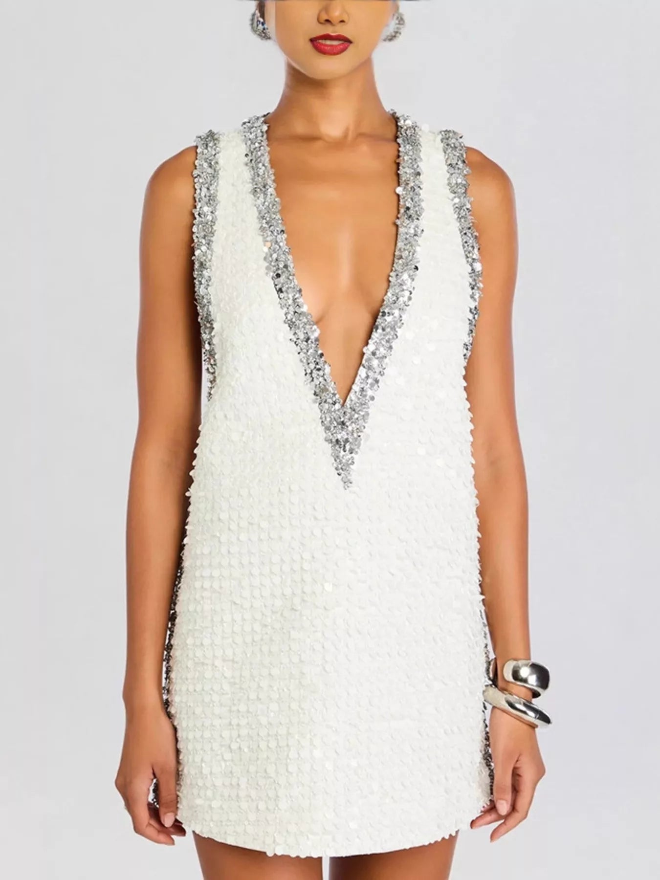 Cedar & Moore Sequin-embellished white sleeveless mini dress with plunging V-neckline and silver trim