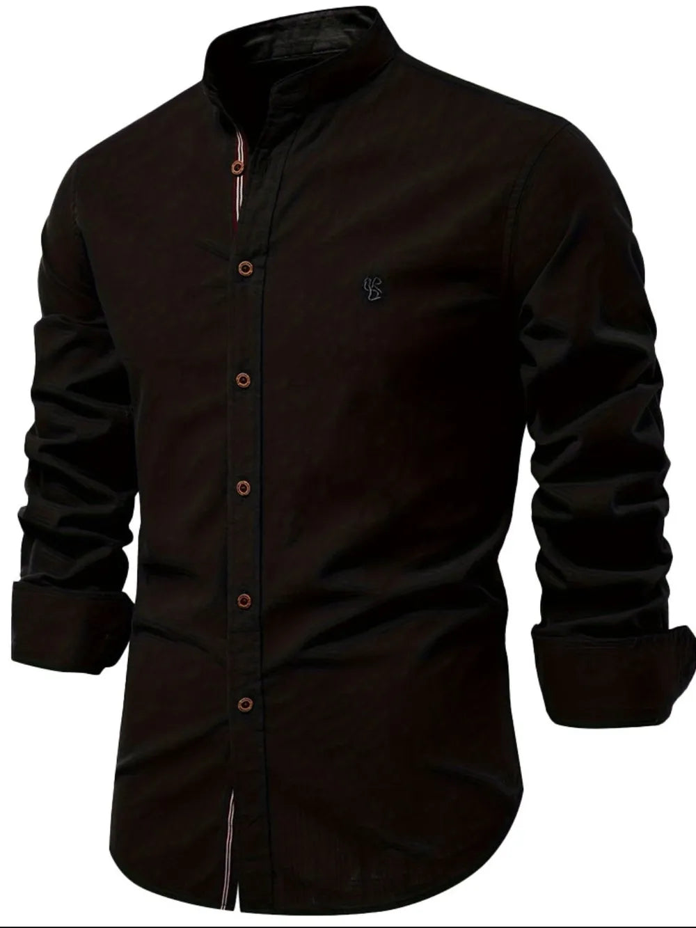 Men's dark brown button-down shirt with embroidered chest logo and button placket