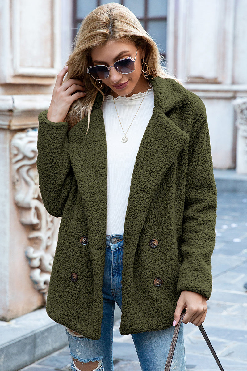 Sherpa lapel collar coat in olive green, double-breasted buttons, long sleeves