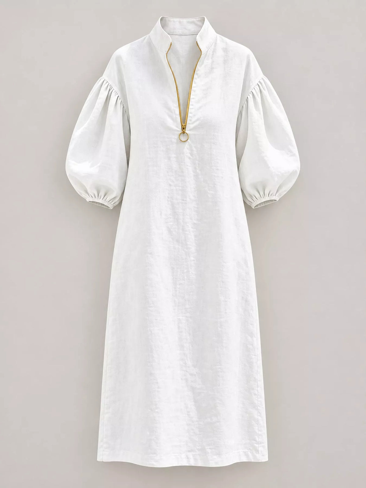 White midi dress with half-zip neckline and gathered balloon sleeves