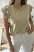 Cedar & Moore Studded Cap Sleeve Round Neck T Shirt in beige with silver shoulder studs