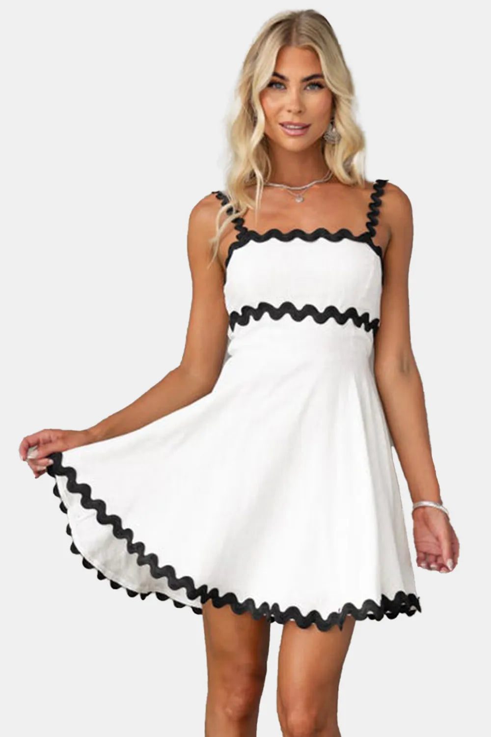 Contrast Trim Square Neck Mini Dress in white with black wavy trim and spaghetti straps.