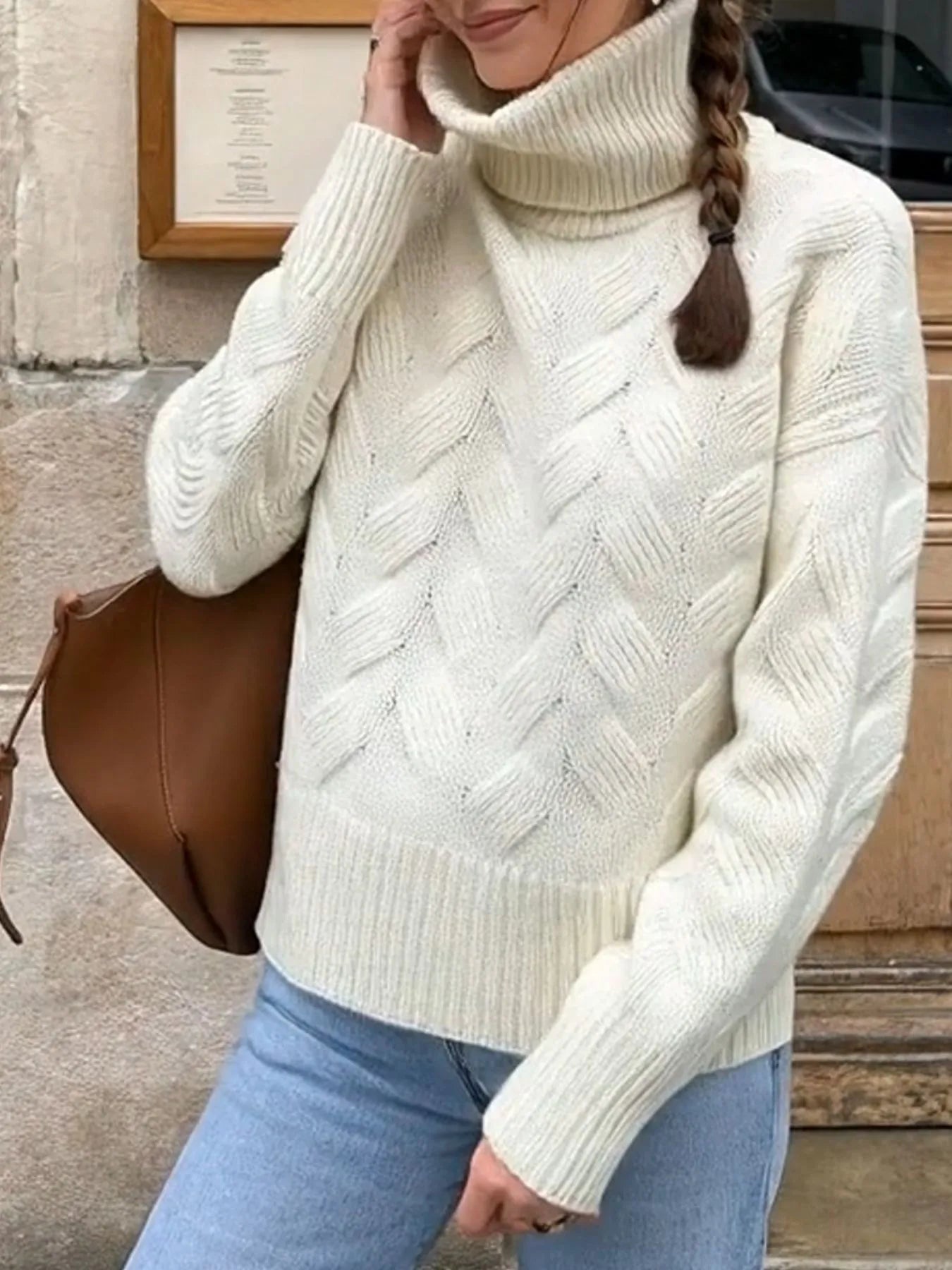 White ribbed turtleneck sweater with long sleeves, textured chevron knit