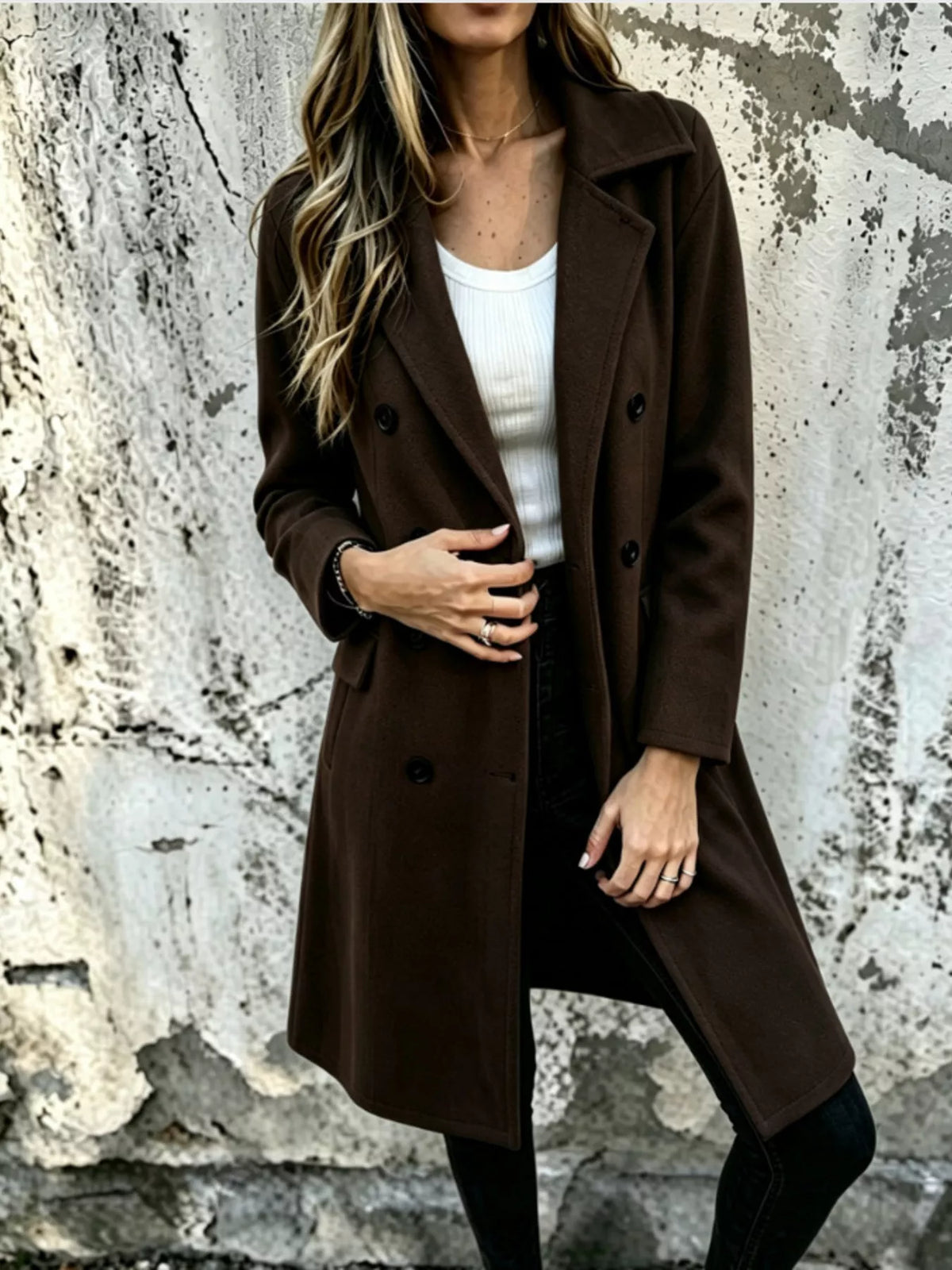 Long double-breasted lapel coat, dark brown, buttoned front