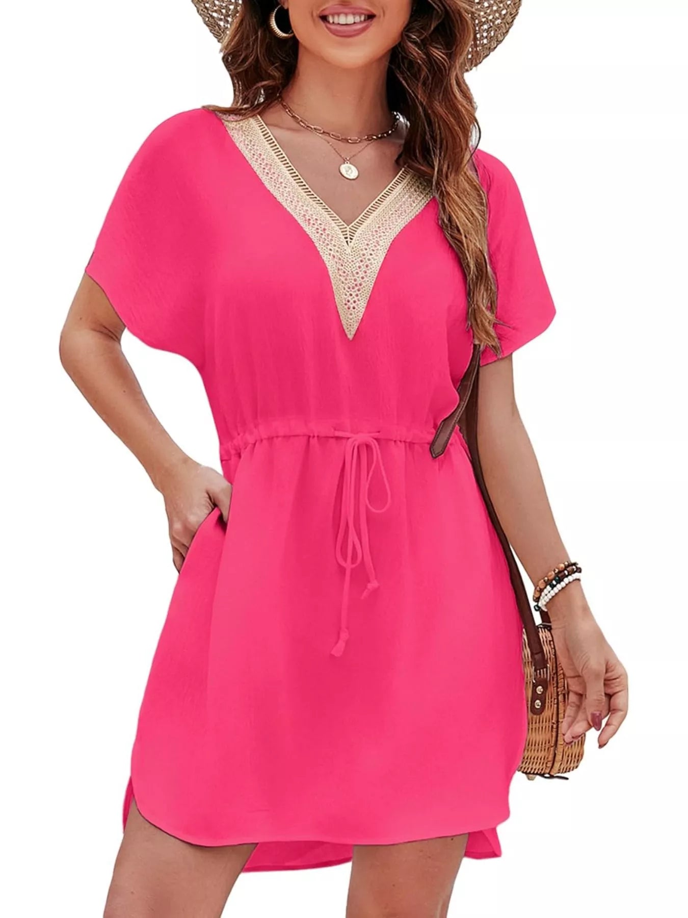 Drawstring Waist V-Neck Mini Dress by Trendsi in bright pink with lace neckline