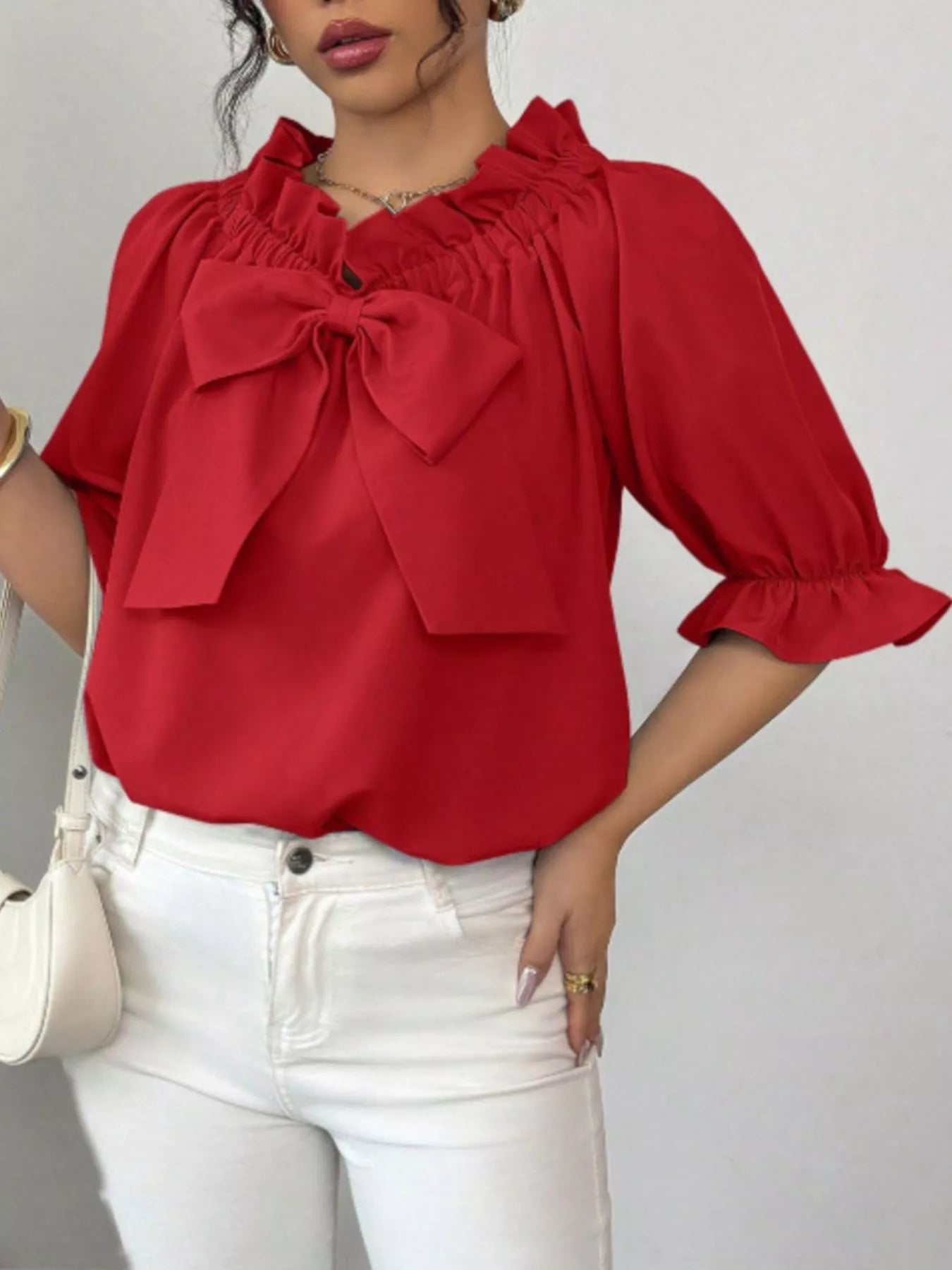 Bow Flounce Sleeve Blouse - red with ruffled neckline and large front bow
