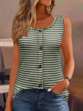 Army green striped knit button-front tank top with dark button placket