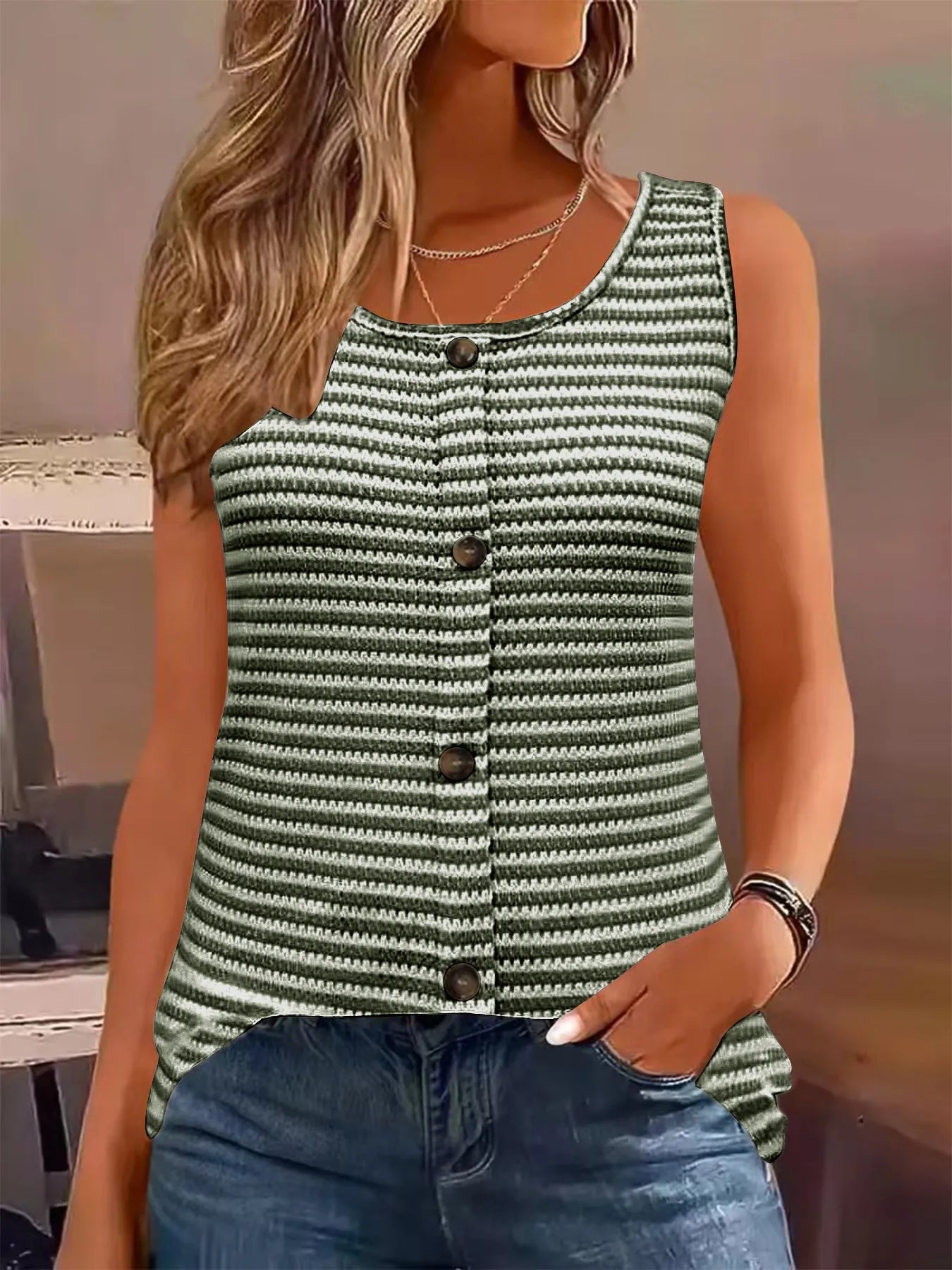 Army green striped knit button-front tank top with dark button placket