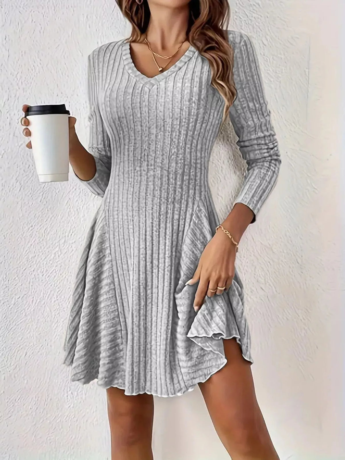 Ribbed knit A-line dress, crew neck, long sleeves, heather gray