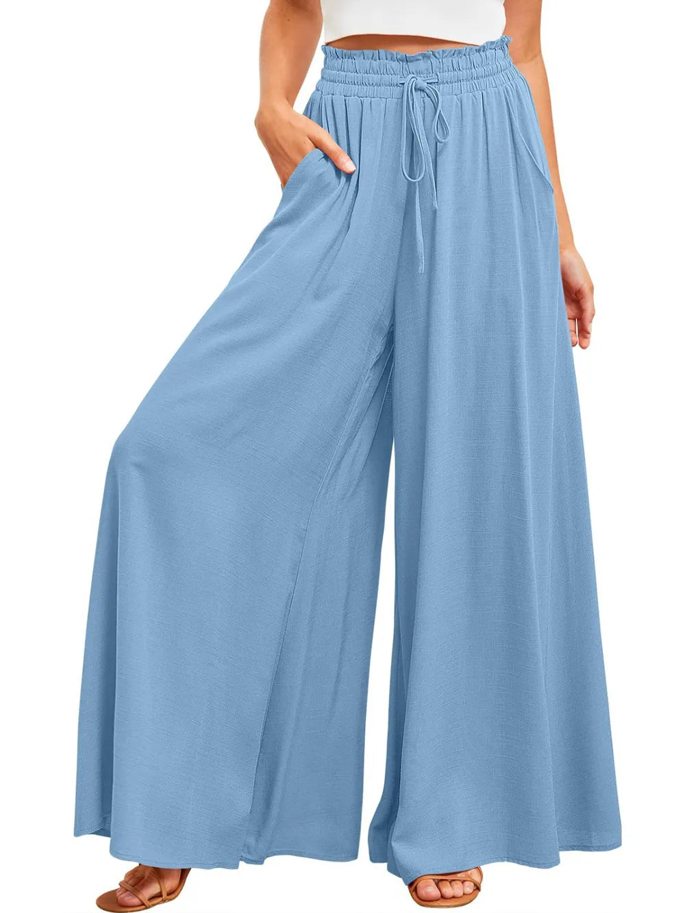 Light blue wide-leg pants with elastic drawstring waist and loose wide legs