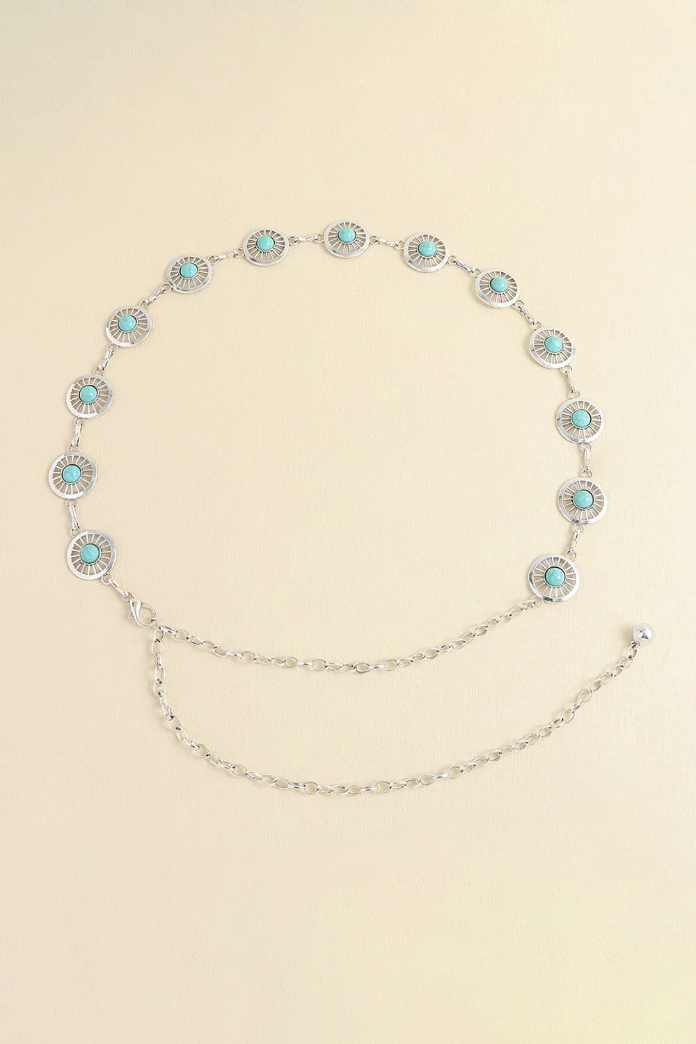 Turquoise stone chain belt with round bead links and silver-toned setting