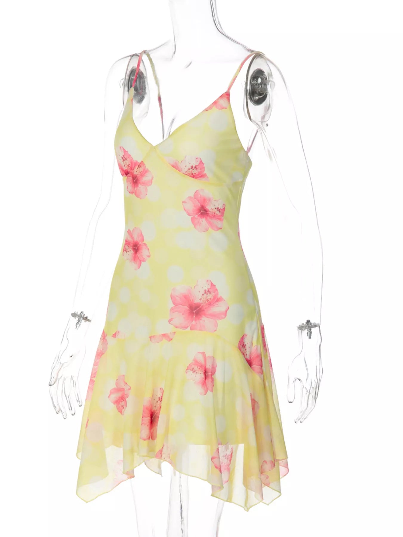 Yellow sheer mini dress with pink floral print, spaghetti straps, layered asymmetrical skirt