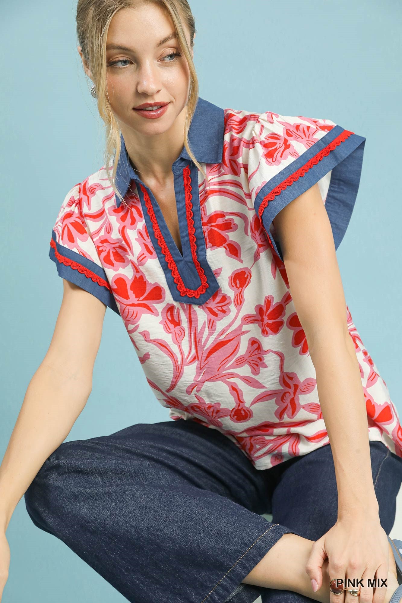 Cedar & Moore Umgee Floral Split Neck Top with pink floral print and blue trim