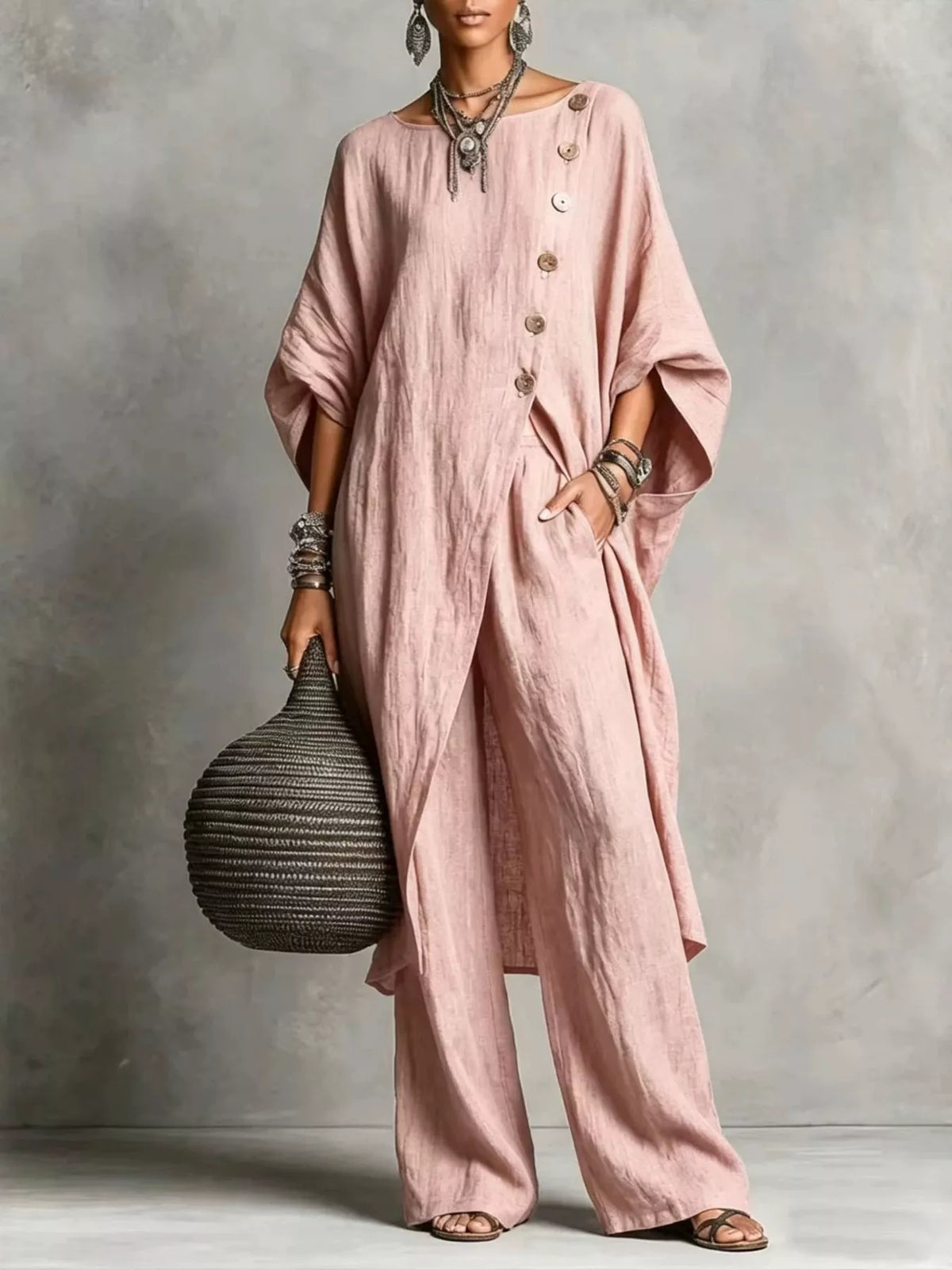 Pink two-piece button-front tunic and wide-leg pants set, 3/4 sleeves