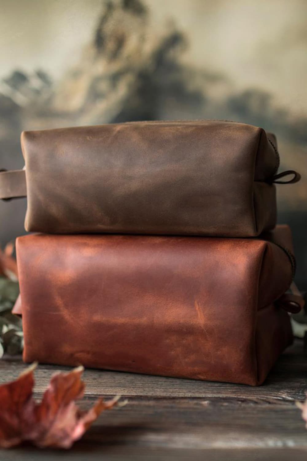 Vegan leather makeup bag, dark brown rectangular pouch with zipper closure on side