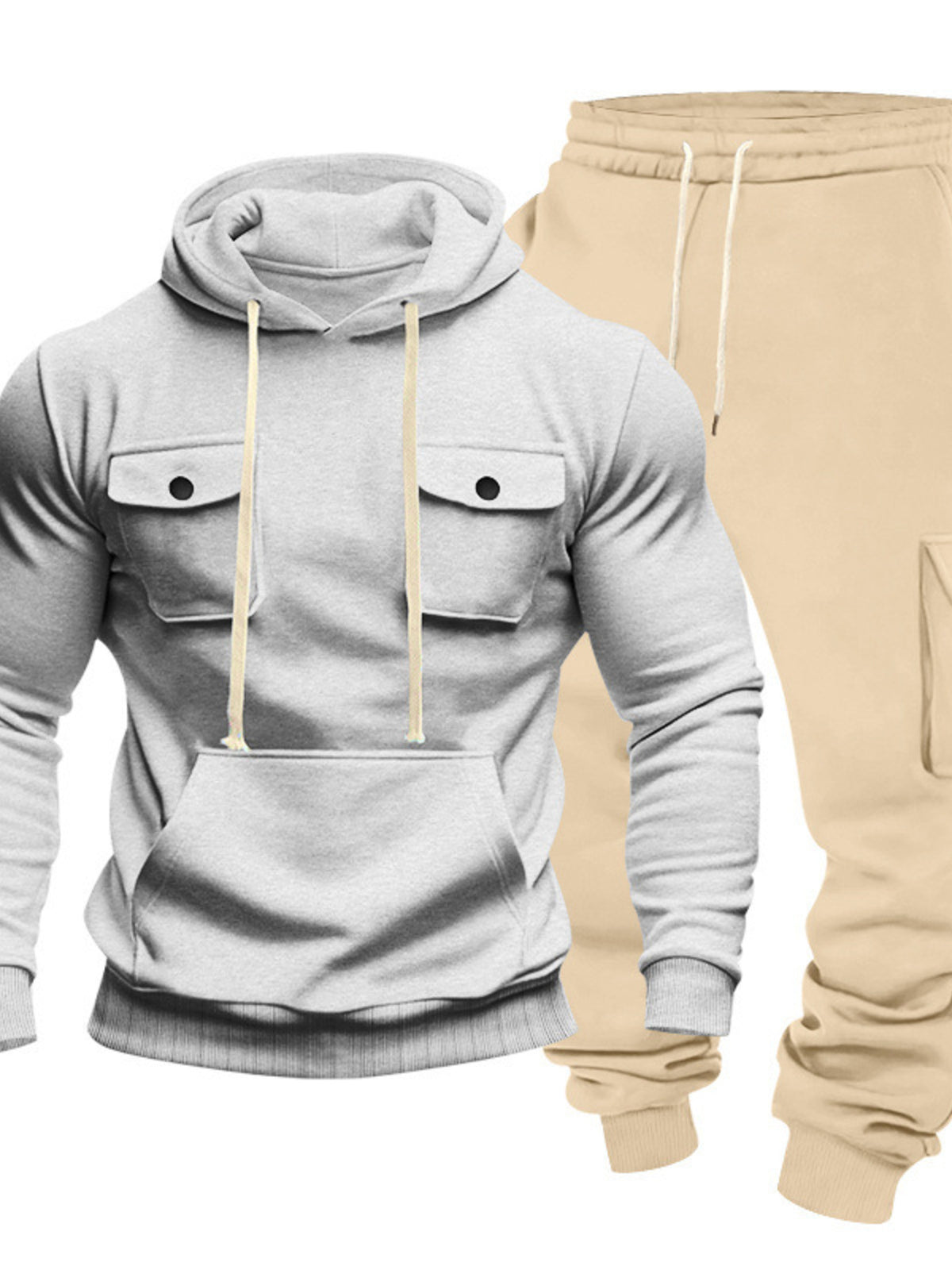 Gray kangaroo hoodie and tan sweatpants set for men, front pouch and drawstring