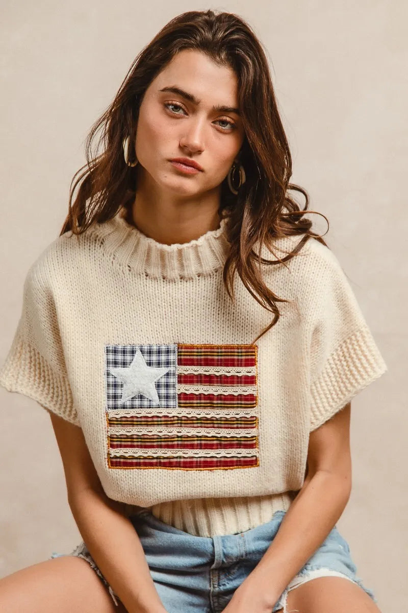 Oatmeal knit crewneck sweater with drop shoulders and American flag patch detail