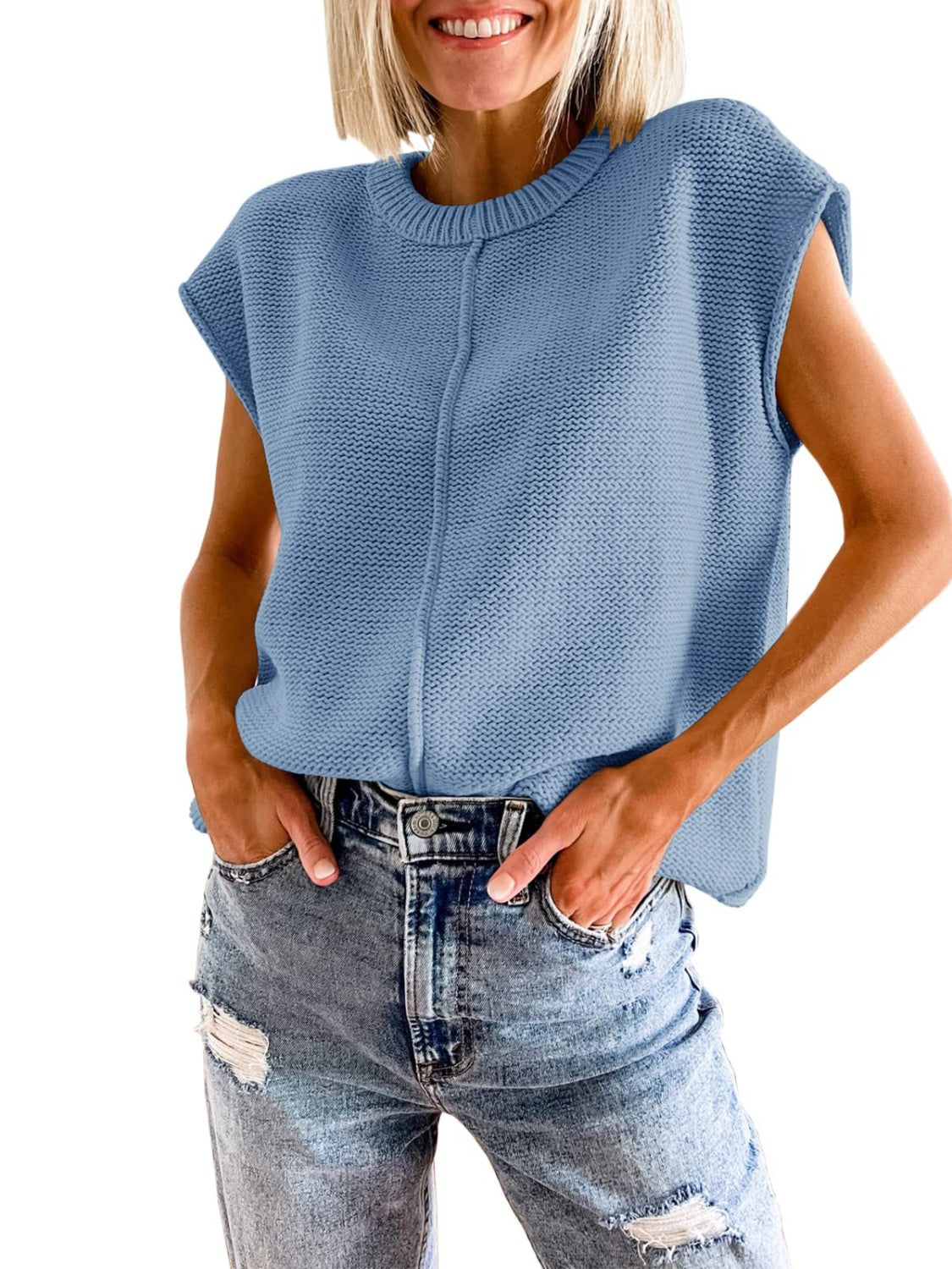 Blue cap-sleeve sweater vest with ribbed collar and vertical knit pattern