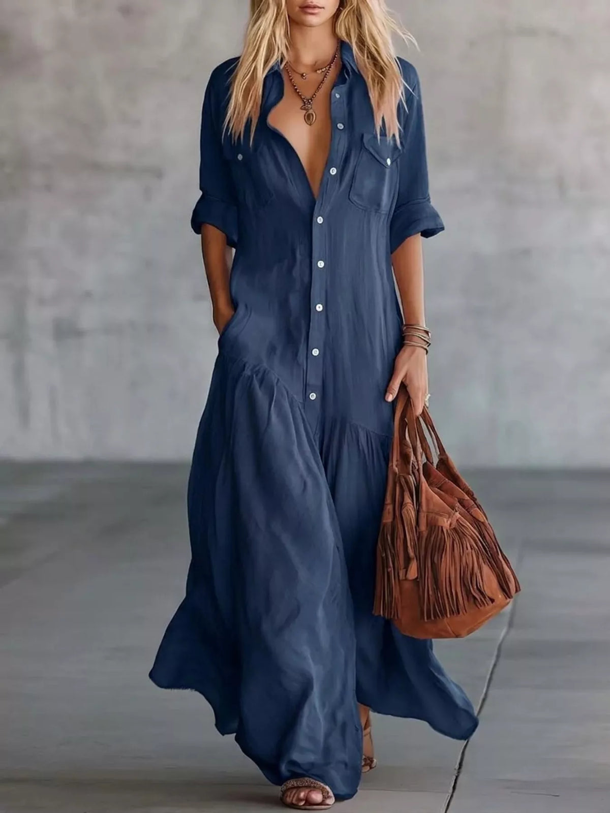 Navy button-front maxi dress with roll-up sleeves and patch pockets