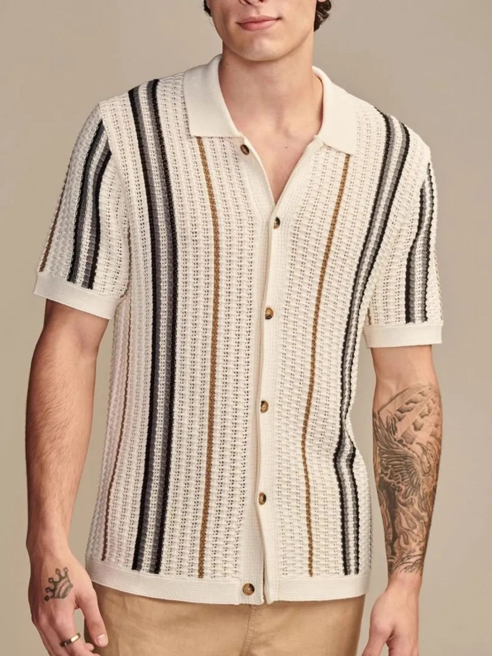 Beige striped short-sleeve collared shirt with button front