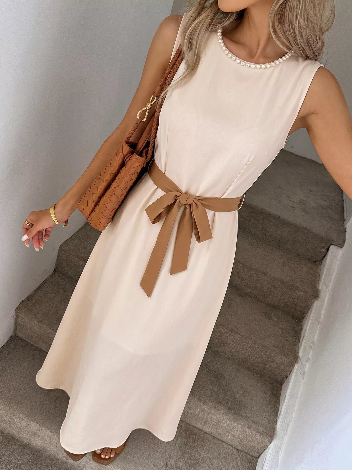 Cedar & Moore Trendsi sleeveless A-line midi dress in cream with tan belt and pearl neckline