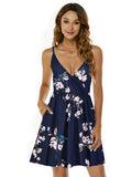 Printed V-Neck Summer Mini Dress in navy floral print with pockets