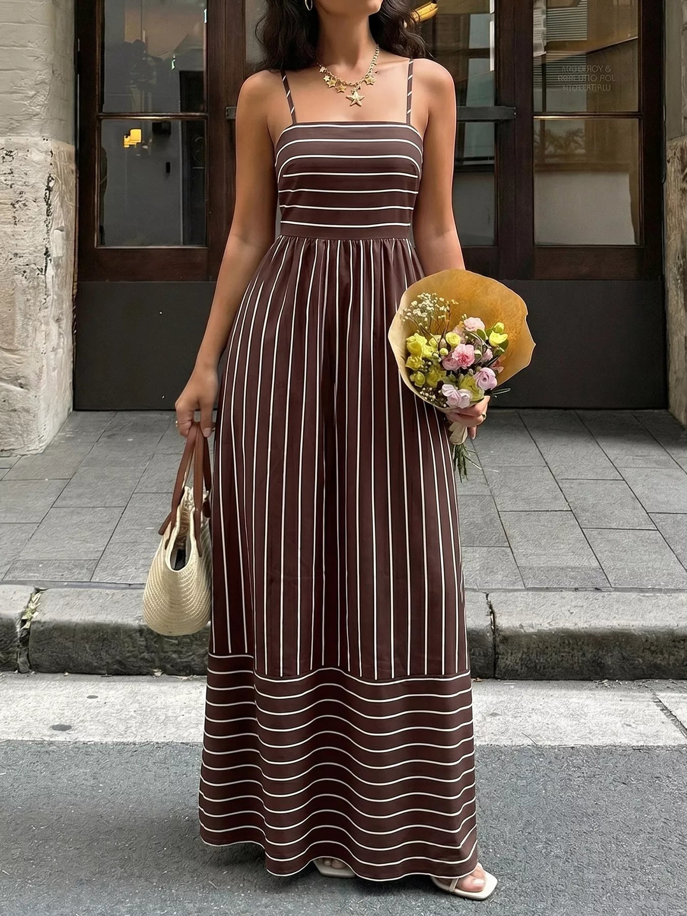 Cedar & Moore Striped Print Spaghetti Strap Maxi Dress in brown with white vertical stripes, Trendsi