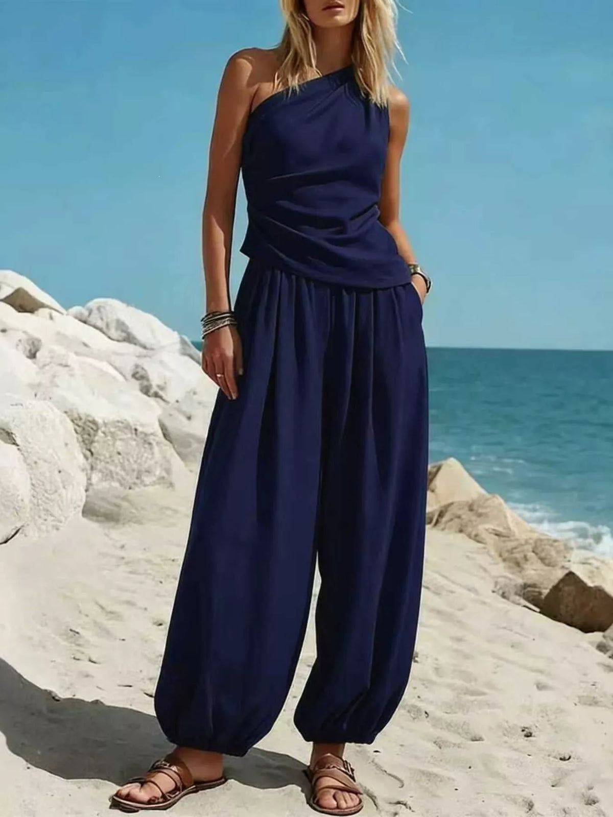 Navy one-shoulder sleeveless top and wide-leg harem pants set with gathered waist