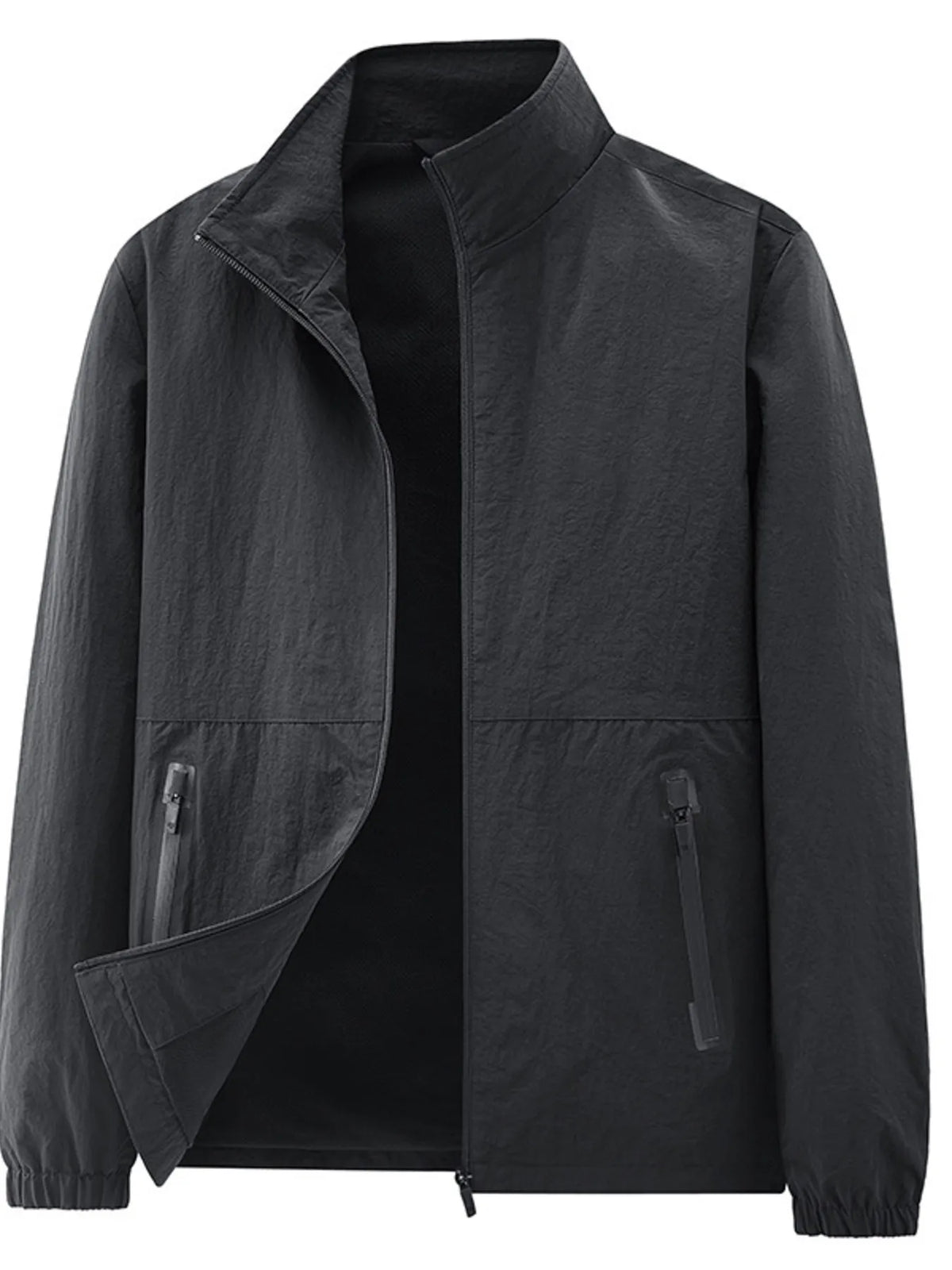 Dark charcoal zip-up long sleeve jacket with stand collar and zip pockets
