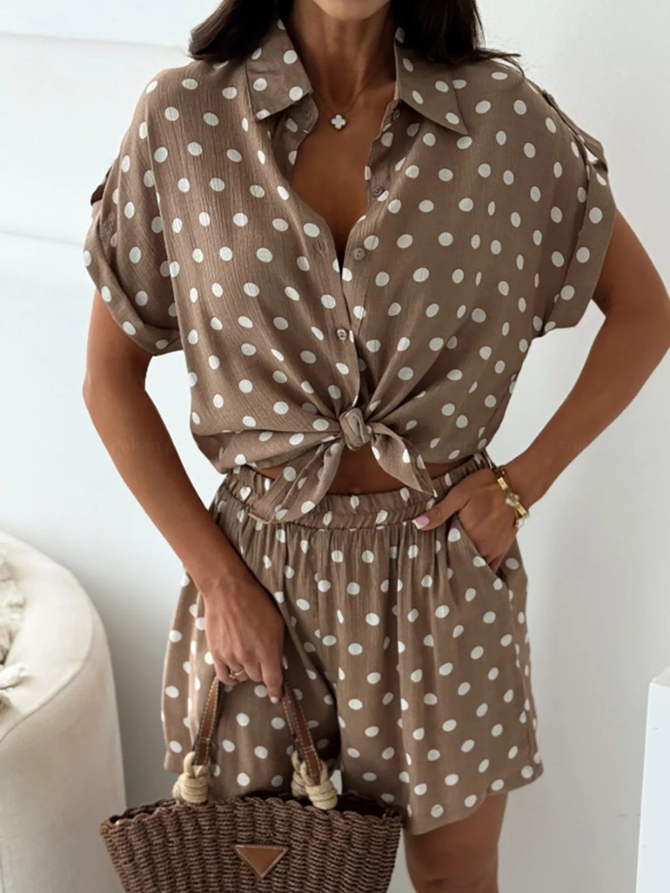 Tan polka dot button-up shirt and shorts set with tied waist detail