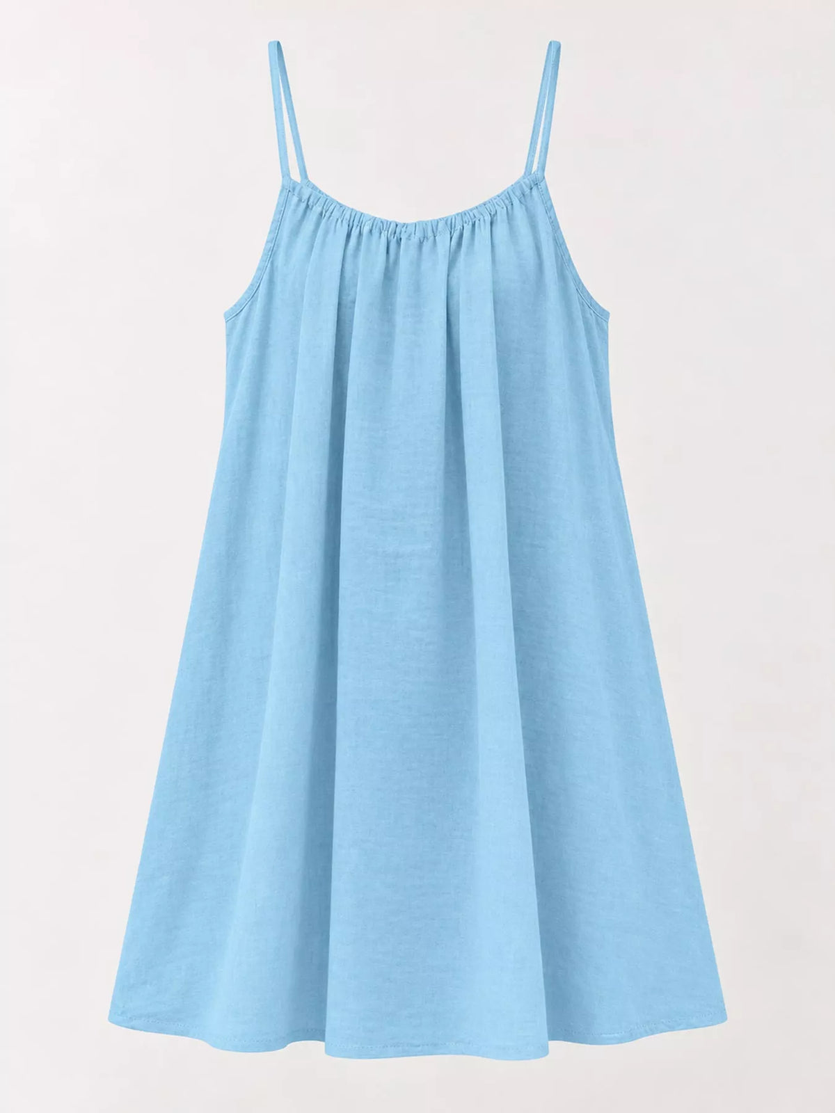 Light blue spaghetti strap ruched mini dress, gathered waist, A-line skirt