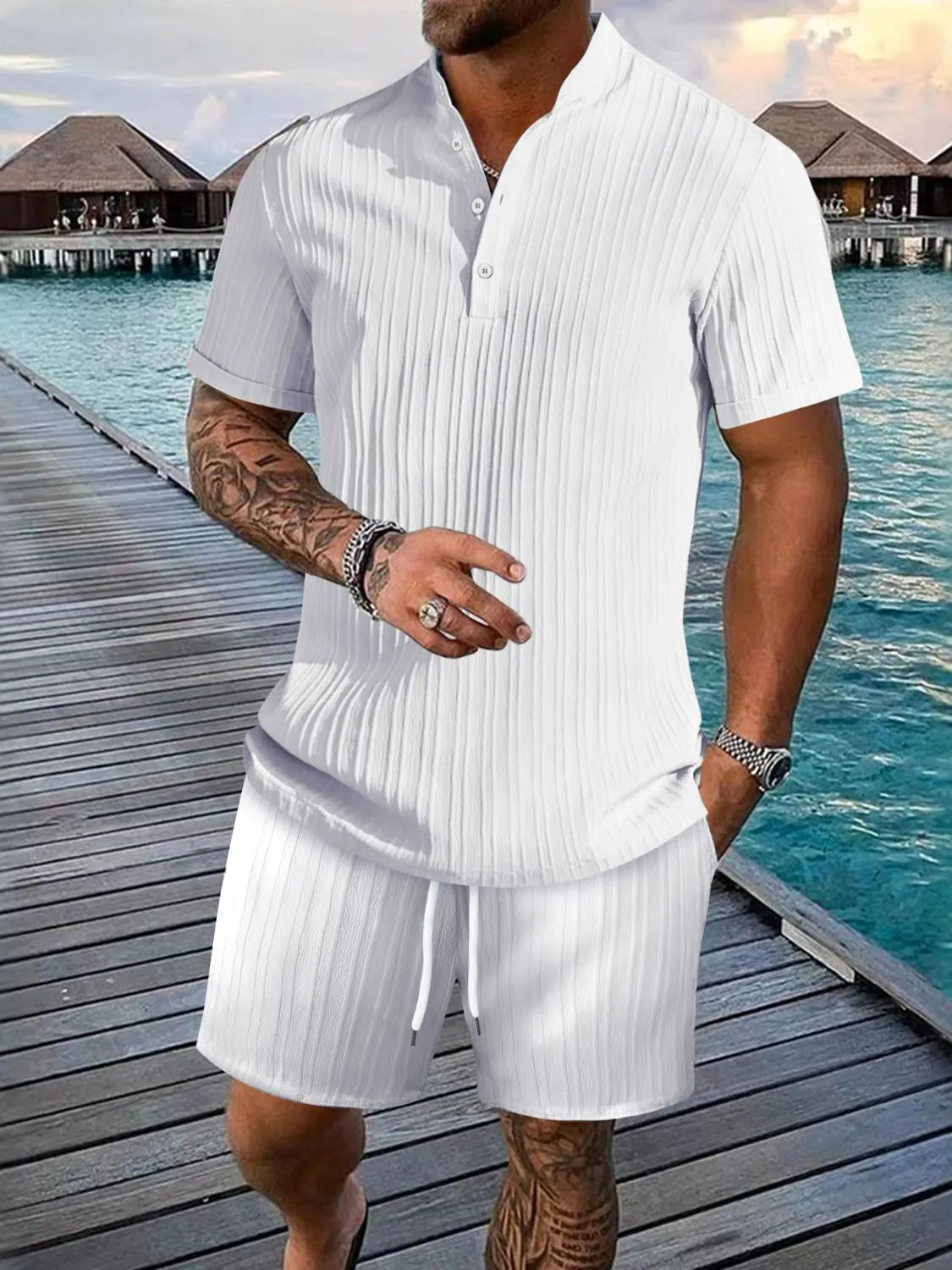 Men's ribbed short sleeve button top and matching drawstring shorts set, white