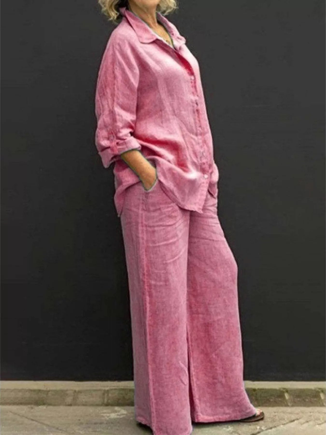 Long-sleeve shirt and pants set in dusty pink, button-front top with wide-leg pants