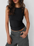 Solid round neck tank top, black, sleeveless with gathered waist