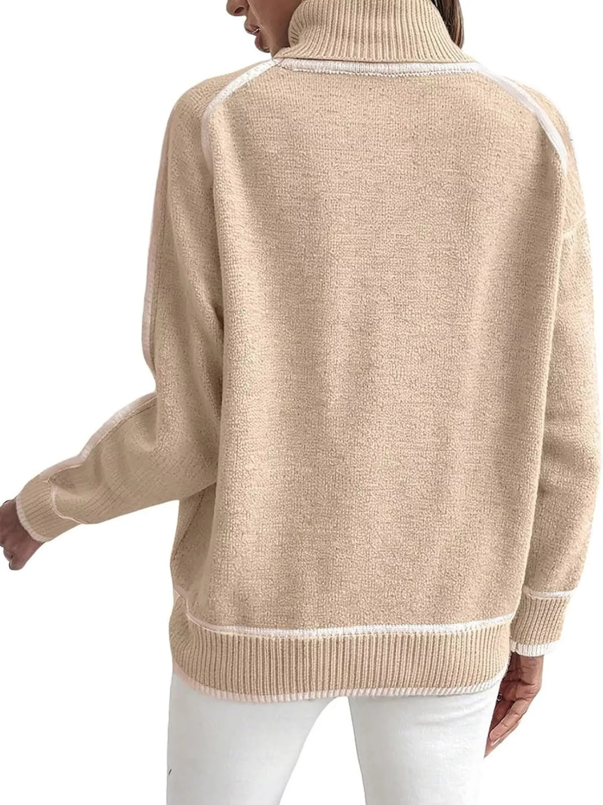 Caramel turtleneck sweater with contrast ribbed hem, cuffs, and long sleeves