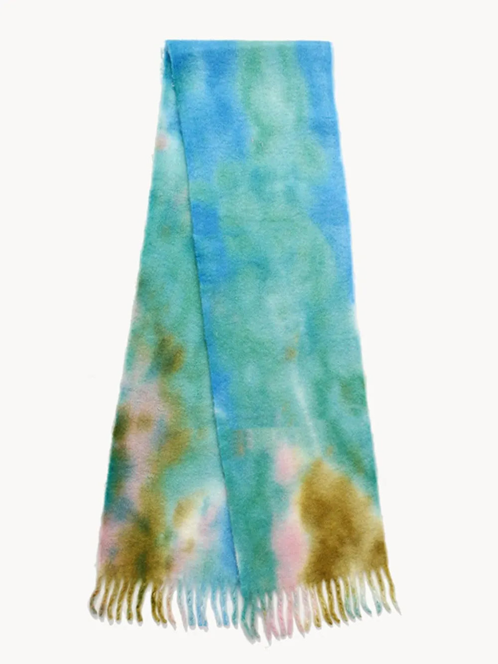 Tie-dye polyester scarf with fringe, blue-green with hints of yellow, laid flat