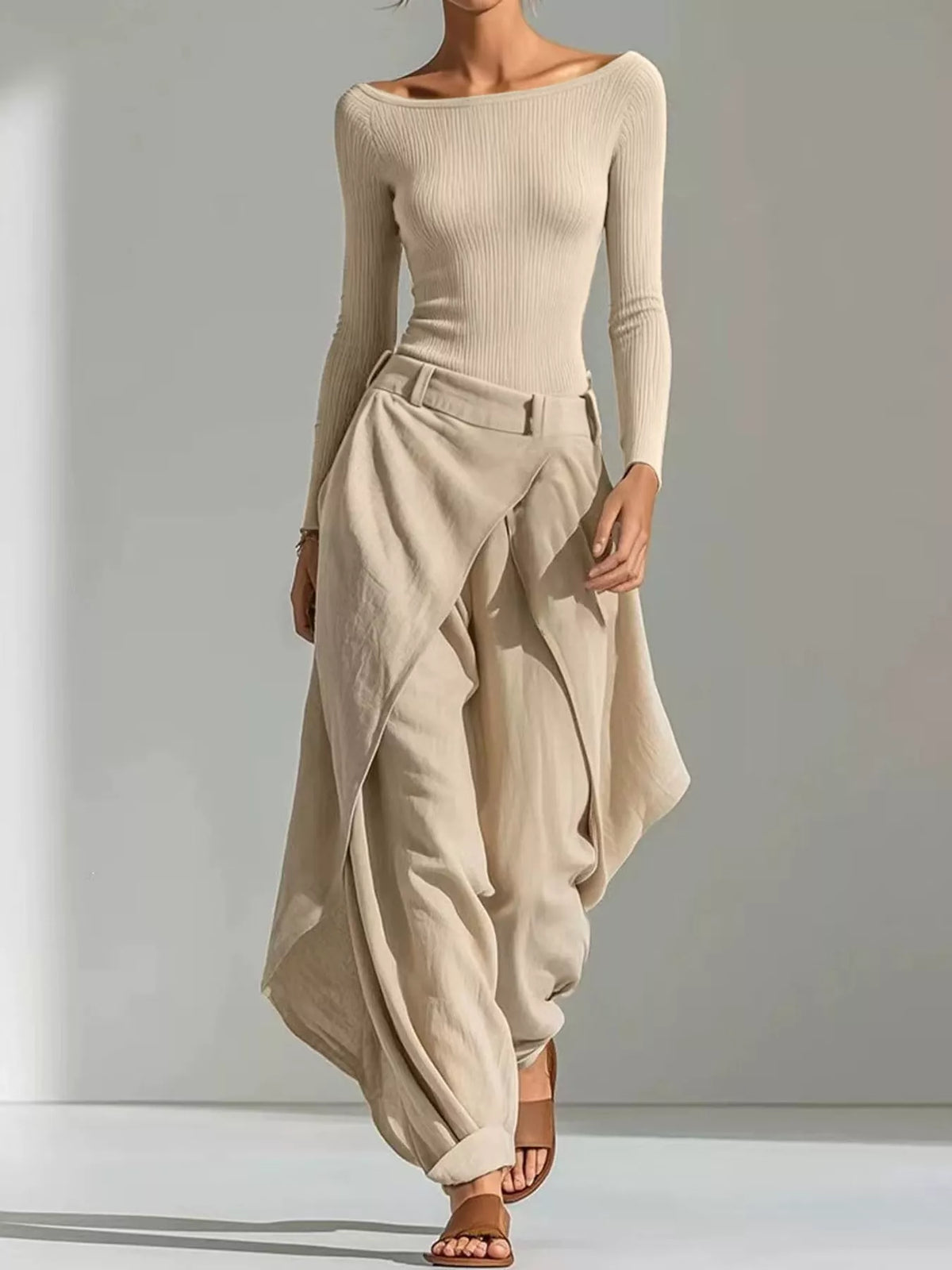 Apricot ribbed boat-neck long-sleeve top with draped wrap-style pants set