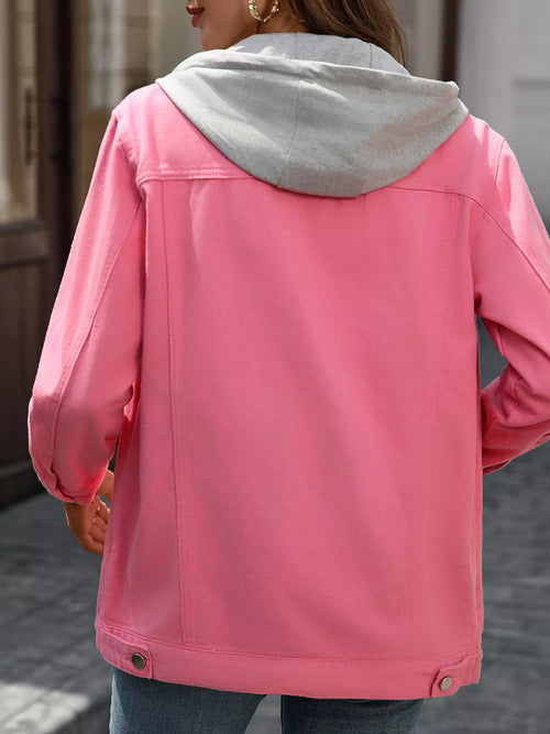 Dusty pink long-sleeve denim jacket with hood, back view