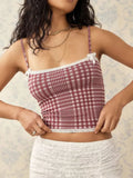 Square-neck lace-trim plaid cami, mauve gingham with spaghetti straps
