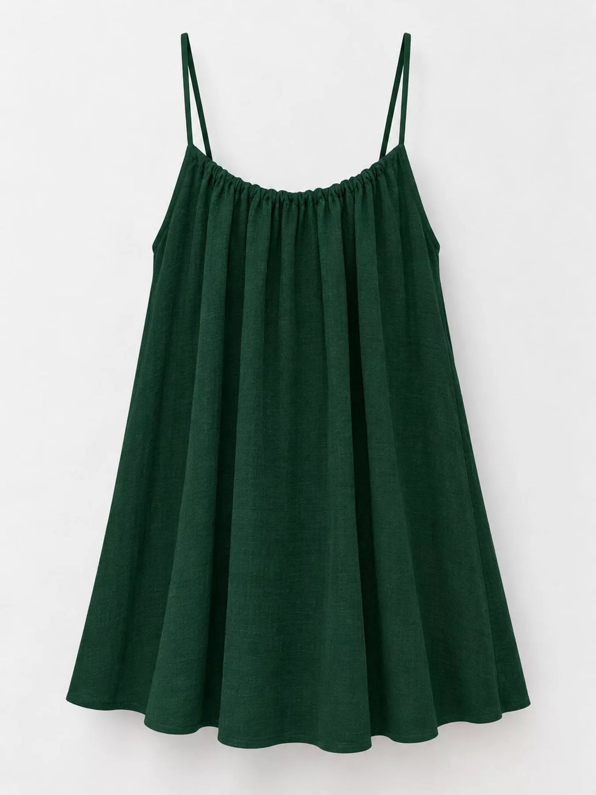 Dark green spaghetti strap mini dress with ruched gathered neckline and flared skirt